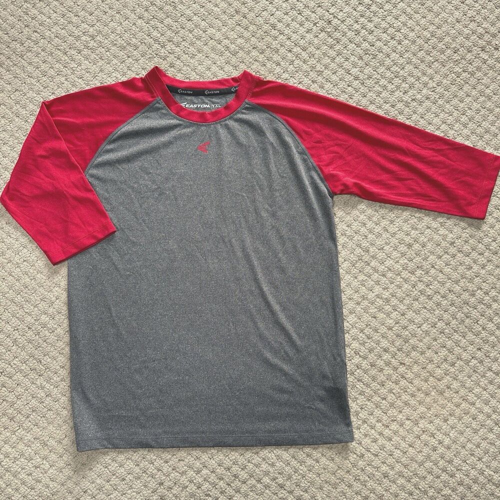 Easton Boys Baseball Shirt Performance Youth XL Raglan 3/4 Sleeve Gray Red